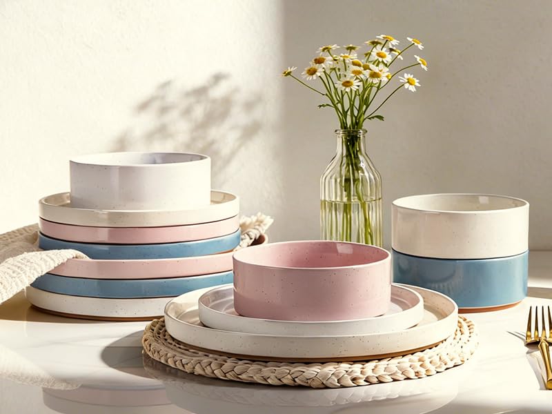 Image of AmorArc Ceramic Dinnerware Set for 4 | Handpainted Stoneware Plates and Bowls with Rustic unglazed terracotta | Scratch Resistant, Dishwasher & Microwave Safe Dishes Sets- 12-Pcs Colorful