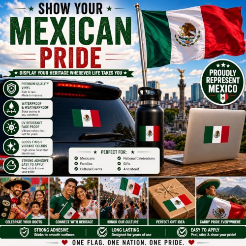 Image of Mexican Flag Vinyl Flag Stickers, Car Decals, Waterproof Indoor Outdoor, Laptop Stickers, Car Bumper, Mexico Flag, 5 x 3 Inches, Set of 3
