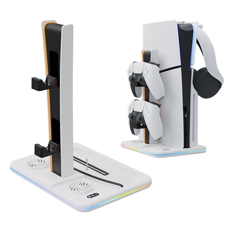 Generico Supporto verticale console per PS5 Slim, dock di raffreddamento con luce ambientale RGB Gamepad Caricatore a doppia docking con gancio per cuffie per PS5 Slim Host
