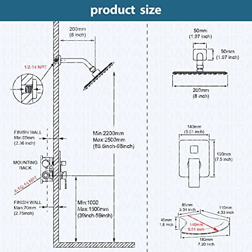 Midanya Polished Chrome Tub And Shower Faucet Set With 8 Inch Rain Shower Head And Waterfall Tub Spout Wall Mounted Rough-In Valve And Trim Kit Included Bathroom 2-Function Shower System Mixer Combo #TOP5