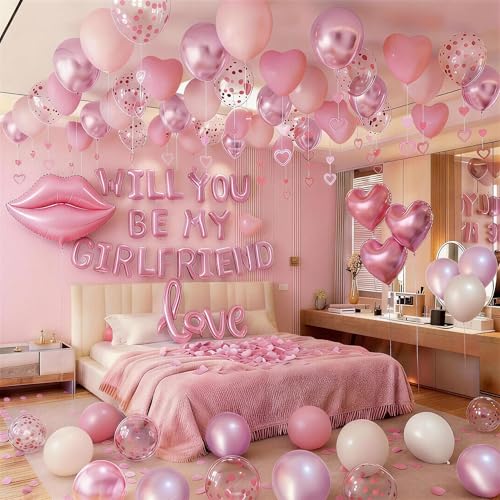 Will You Be My Girlfriend Balloons Sign Be My Girlfriend Proposal Red Rose Petal Red Heart Balloons Valentines Day Decorations