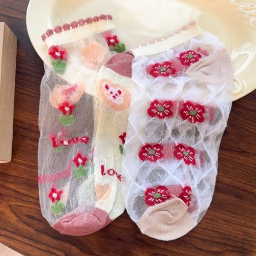 1pair Random Flower Pattern Crew Socks Fashionable Women Glass Fiber Comfortable Casual Sock Breathable Short Socks3