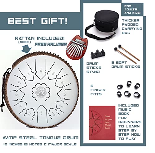 Avmp White Steel Tongue Drum 13 Note 12 Inch C Major Hand Pan Drums Instrument Free Kalimba Travel Bag Rattan Mallets Finger Picks Book Theta Spot Toung Handpan Percussion Gift Set For Adults & Kids #TOP7