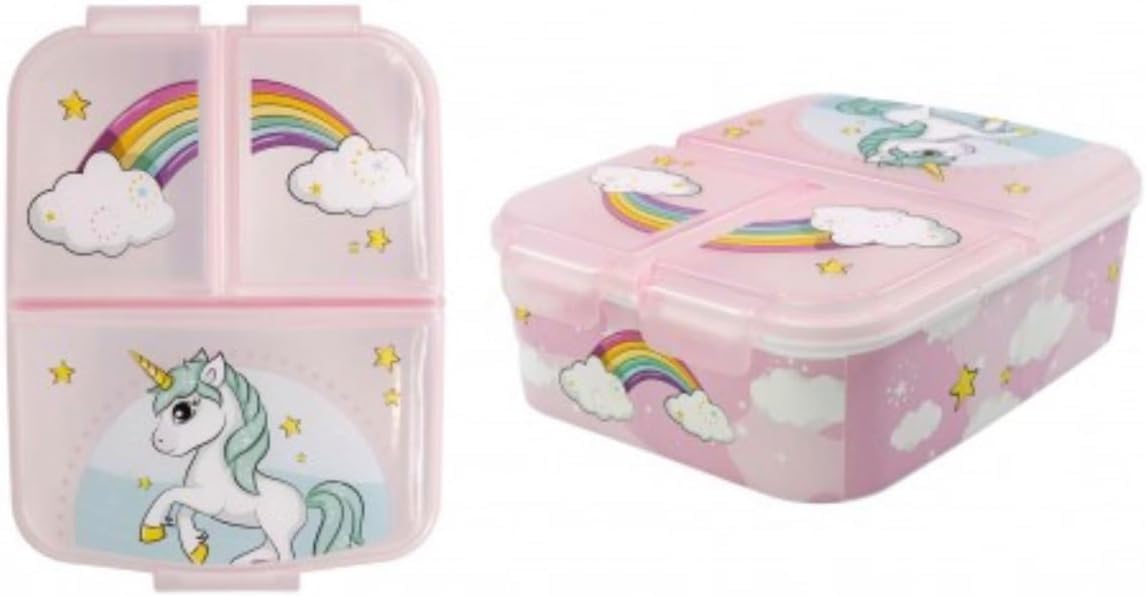 PELLECCHIA 1969 | Set Pranzo Scuola 2 Pezzi | Porta Merenda Scuola con 3 scomparti in Plastica BPA Free e Bottiglia termica in acciaio inossidabile con tappo svitabile 500ml (UNICORNO LILLA)