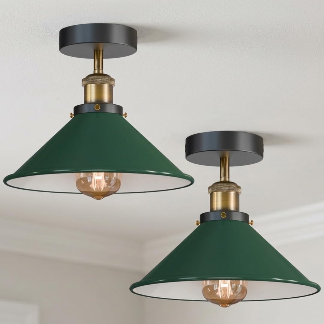 HXYSXHJUO Vintage Flush Mount Ceiling Light E27 Base 22cm Green Conical Lampshade Pack of 2 Lighting Fixtures for Kitchen Hallway Dining Rooms Living with Bulb