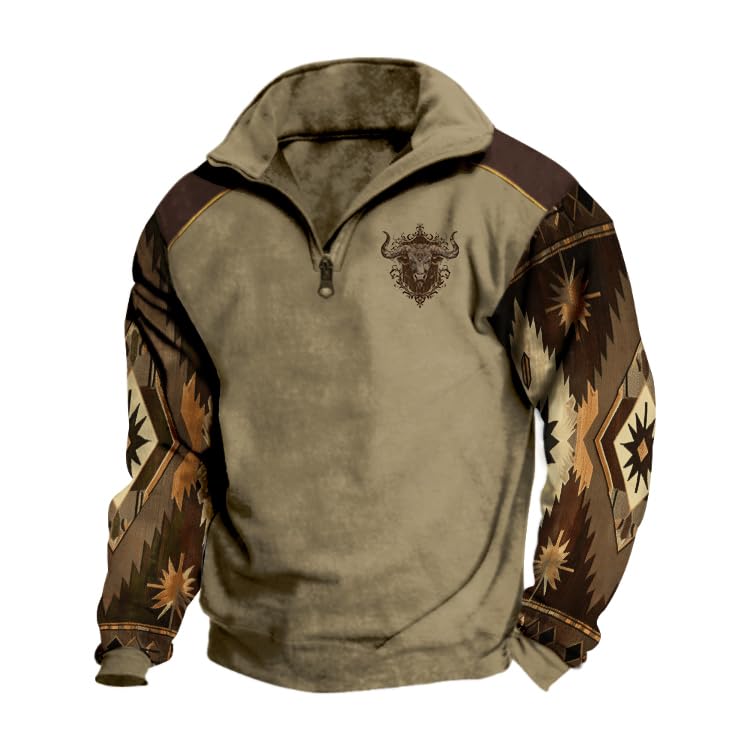 ZOCANIA Mens Western Sweatshirts Aztec Henley Shirts Long Sleeve 1/4 Zip Fleece Jacket Cowboy Corduroy Shirt Casual Pullover