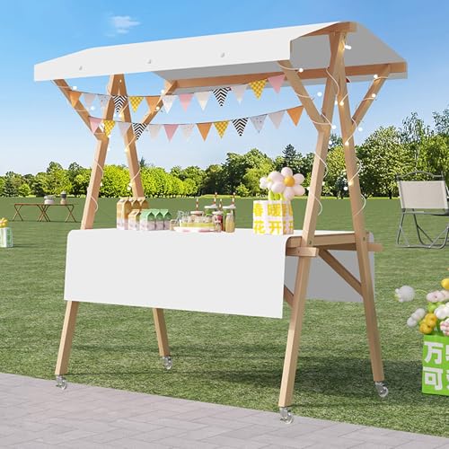 Portable Wooden Market Stall Display, Foldable Food Cart on Wheels with LED Lighting, Commercial Kiosk for Street Vendors, Farmers Markets, Craft Fairs (White, 59in)