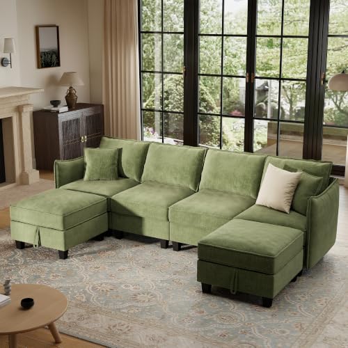 Image of Ihanherry 112 inch Modular Sectional Sofa U Shape Couches with Storage Ottoman, Comfy Chenille Convertible 6-Seat Furniture Set for Living Room, Green