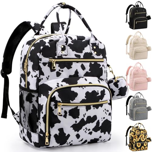 Pritent Diaper Bag Backpack,Baby Essentials Diapers Bag with Pacifier Case,Multipurpose Stylish Large Capacity Travel Backpack for Baby Girl/Boy(M-Cow Print)