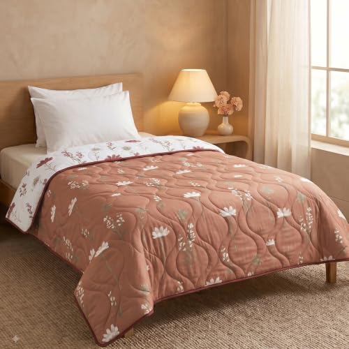 Image of HUESLAND Reversible AC Quilt Blanket Single Bed | 100% Cotton Quilted Shell, Super Soft 120 GSM Microfibre Wadding | Lightweight Comforter for All Weather Use | Floral Fusion - 55 x 88 inches