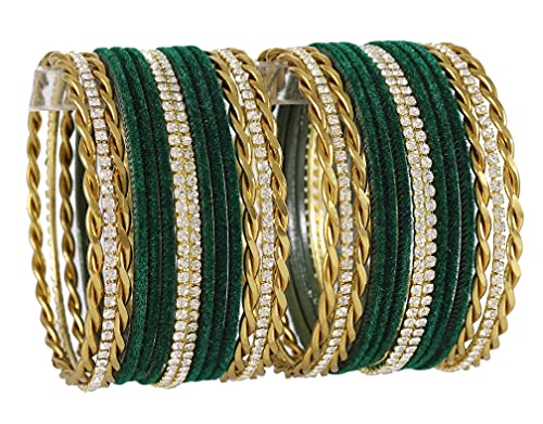 Image of NMII Gold Plated Metal Velvet Bangles Set For Women & Girls with Zircon Gemstone Studded | Traditional Women's Bangles | Designer Gold Bangles | Fashion Jewellery- Set of 28