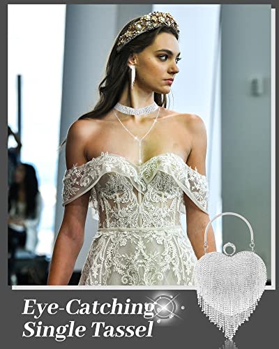 Mtlee 5 Pcs Heart Purse Rhinestone Tassel Evening Clutch Bag Valentine's Day Jewelry Set For Women Wedding Dinner (Silver) #TOP5