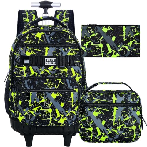 Image of 3Pcs Rolling Backpack for Boys Men, Travel Roller Backpacks with Wheels for Adults, Teens College Graffiti Wheeled Bookbag with Lunch Box(Green)