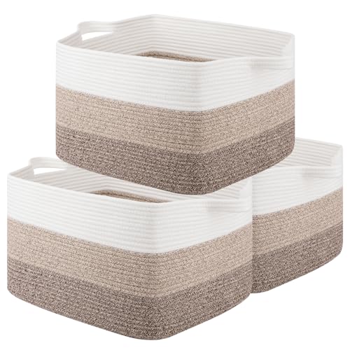 Image of OIAHOMY Rectangle Woven Storage Basket - Nursery Cotton Rope Baskets for Storage, Toy Basket Organizing for Living Room, 17.7"x13.8"x11"- Pack of 3 - Gradient Yellow