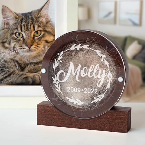 Image of Personalized Pet Hair Keepsake Box for Dog and Cat Fur - Engraved Wood Memorial Box - Unique Customized Gift for Loss of Furry Friend Wooden (Dark Round Wood /Acrylic Lid)