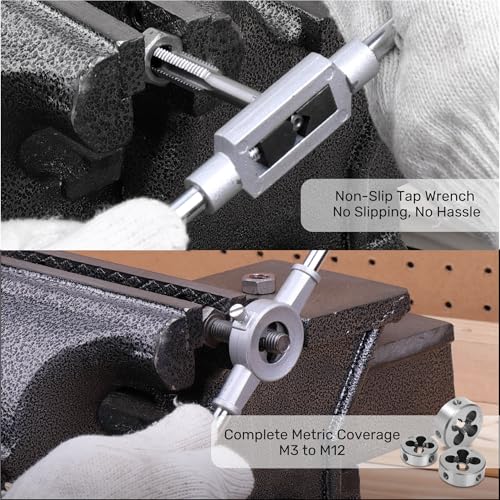 Hi-Spec Gewindeschneider Set Metrisch M3-M12 mit legiertem Stahl Außengewindeschneider Set und Handgewindebohrer Set