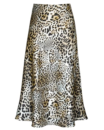 Women's Satin High Waist Hidden Elasticized Waistband Flared Casual A Line Midi Skirt