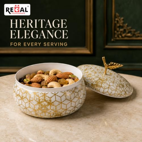 Image of Pearl Bonbon Metal Bowl with Lid, Glossy Meena Art, Solid Brass Leaf Knob for Dry Fruits, Chocolates, Cookies & Namkeen, Approx. 250 ml