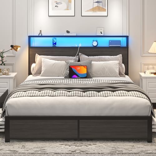 Lifezone Queen Bed Frame with 2-Tier Storage Headboard, Metal Platform Bed Frame with 4 Storage Drawers, Built in Charging Station & LED, Noise-Free/Metal Support/No Box Spring Needed, Rustic Grey