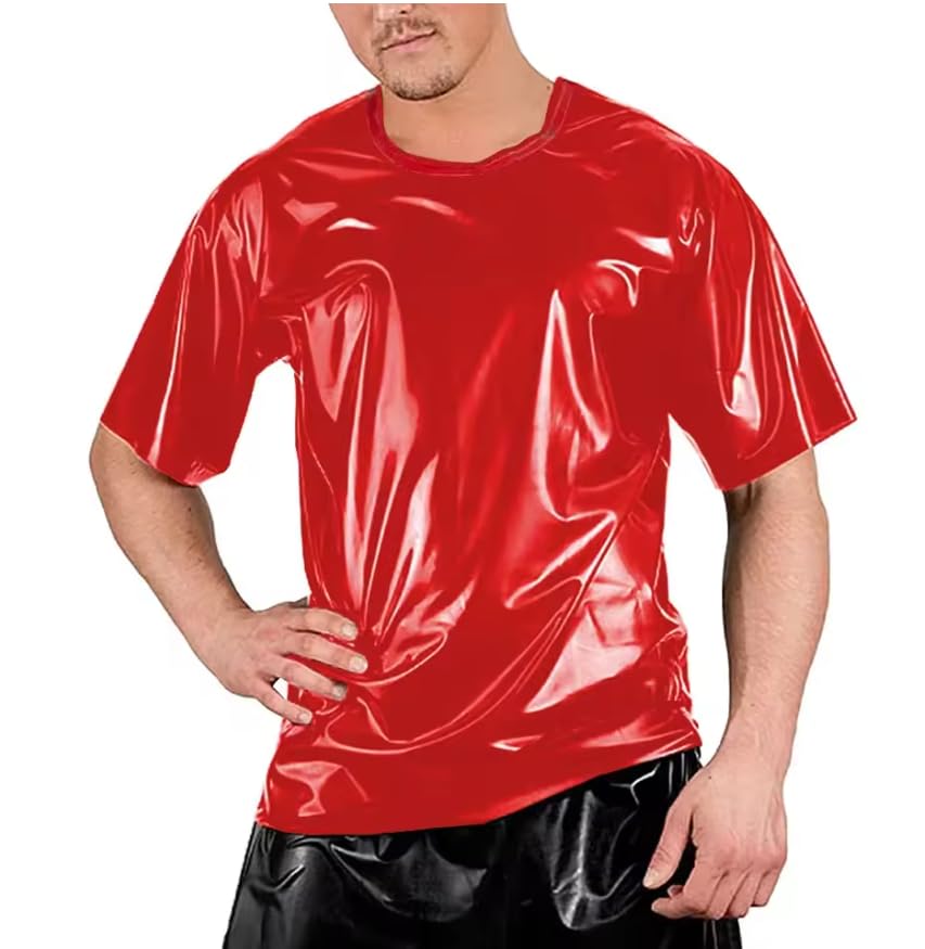 Męskie koszulki klubowe patchworkowe z krótkim rękawem PVC skórzane topy bodycon outdoorowa odzież uliczna personalizacja