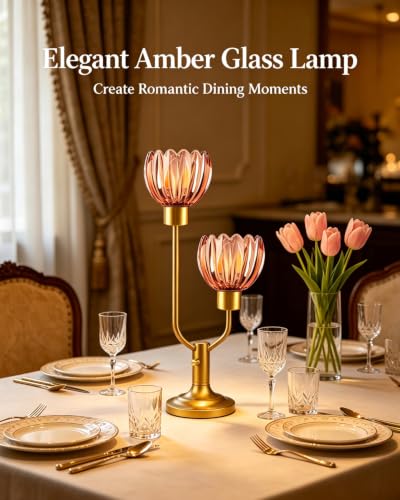 Image of Lightdot Flower Table Lamp Vintage Pink Glass Lamp Bulbs Included Dimmable | Nightstand Lamp Mid Century Modern Gold Desk Lamp Warmwhite Ambient Bedside Lamps for Living Room Bedroom Home Decor Gift