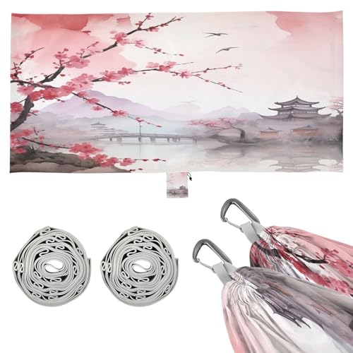 SDMKA Asian Landscape Pink Camping Hammock, 330 lbs with 2 Tree Straps, Carry Bag, Single Portable Hammock for Outdoor/Indoor, Hiking, Beach, Backpacking, Travel