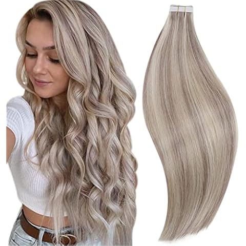 Tape in Human Hair Extensions Grey Blonde Highlight Platinum Blonde Tape in Extensions Remy Blonde Tape on Hair Extensions Human Hair 16 Inch 50 Gram Cover