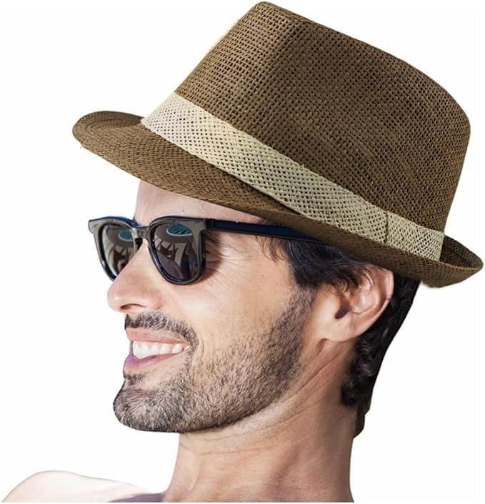 Image of Men Fedora Beach Sun Hat Women Panama Short Brim Sun Protection Straw Beach Hat Classic Foldable Packable Jazz Beach Sun Hat