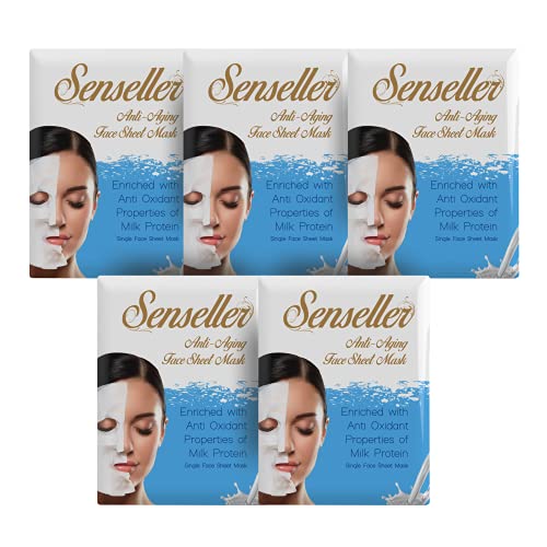 Senseller Anti Aging Face Sheet Mask Enriched with Grape Fruit Extract, Milk Protein, Vitamin E, Green Tea Leaf Extract…