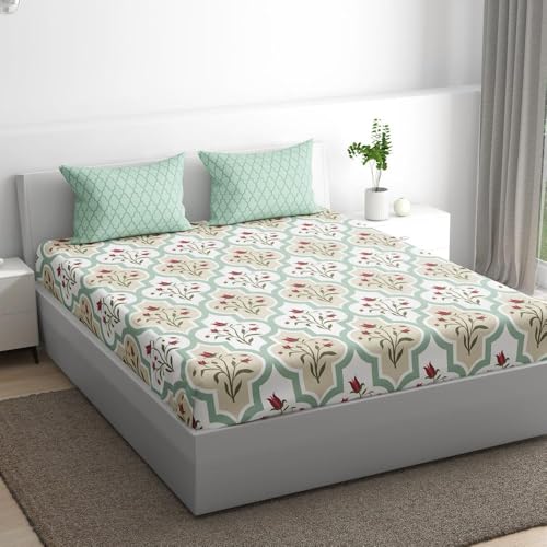 Image of Wakefit 100% Cotton 200 TC Flat Printed Bedsheet, Booke Queen Size (100x90 Inches) / (2.54m*2.29m) with 2 Pillow Covers Booke, Double