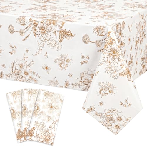 Image of NatNarr 3 Pcs Orange Floral Plastic Tablecloths, 54 X 108Inch Fall Party Tablecloth Disposable Table Cloth Orange and White Porcelain Tables Decor for Autumn Dinner Harvest Wedding Birthday Picnic
