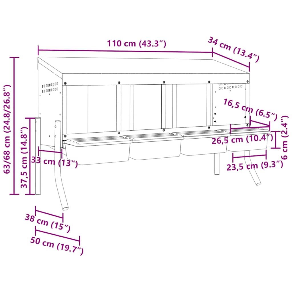Nido per polli, 4 scomparti, con gambe in acciaio zincato, 110 x 50 x 68 cm, resistente alle intemperie, con regolazione flessibile dell'altezza delle gambe, per interni ed esterni, comoda
