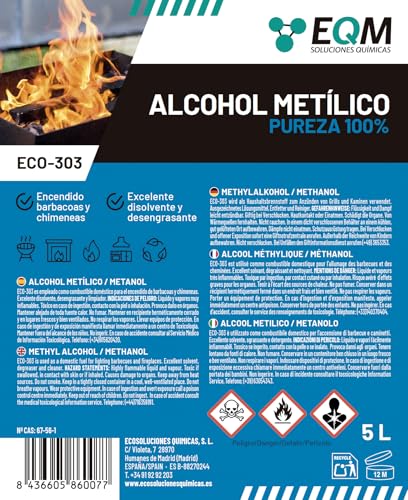 Miniatura 8 de Eqm - Eco-303 - Alcohol Metílico 99 Pureza - Metanol - 5l - Combustible De Chimeneas Y Barbacoas - Disolvente Industrial, Desengrasante Y Limpiador De Superficies