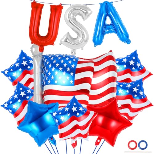Image of 23 Pcs 4th of July Balloons, Independence Day Decorations Balloons, USA Aluminum Foil Balloon,18 Inch Red Blue Star Balloon for Labor Day Memorial Day Party Decoration Supplies (USA Letter and Star)