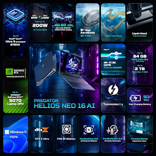 Image of acer Predator Helios Neo 16 AI, Intel Core Ultra 9 Processor,RTX 5070-8 GB GDDR7,32 GB /2 TB, WQXGA IPS, 16.0 inch /40.64 cm, 240Hz, Win 11 Home, Abyssal Black, 2.7 kg, PHN16-73,RGB KB, Gaming Laptop
