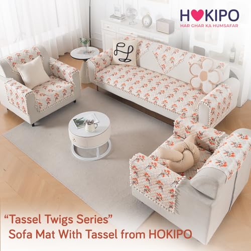 Image of HOKIPO Autumn Blossom 2 Seater Quilted Sofa Cover Mat with Tassels 'Tassel Twigs' Series (IN-983-T5)