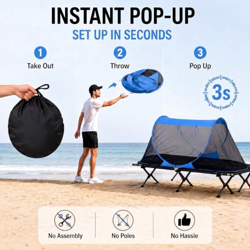 Image of Pop up Mosquito Tent for Camping, 86.6 x 41 x 35 Inch Bug Net Tent with Instant Automatic Setup, Lightweight Portable Screen Net Fits Most Camping Cot for Outdoor Hiking Travel(Blue)