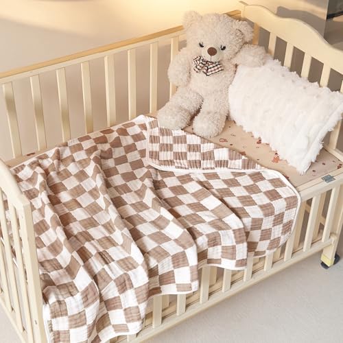 Image of Ultra Soft Cozy 6-Layer Muslin Cotton Baby Blanket 41 inch x41 inch Breathable Lightweight Checkered Swaddle Blankets for Toddlers Baby Birthday Gifts All Seasons Both Sides Coffee