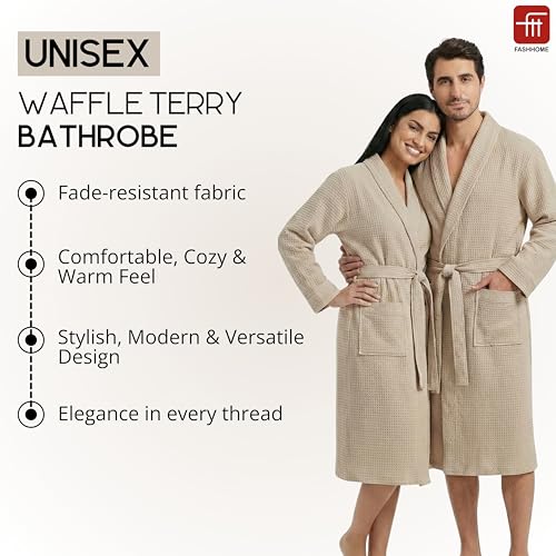 Image of Fash Home-Unisex Bathrobe-Waffle design at Top & Soft TerryTowel inside for quick absorbancy and softness -100% Soft Cotton |Full Size | Perfect for Royal Elite Class Men /Women /Couples (Camel Beige)