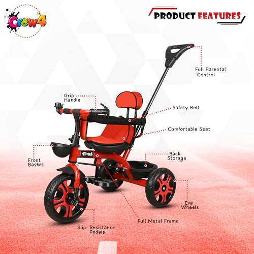 Image of Tricycle 1 Years to 5 Years with Removable Safety Guard and Parental Control Back Side Push Handle with Rubber Tyre for Kid's CR07 (RED 3)