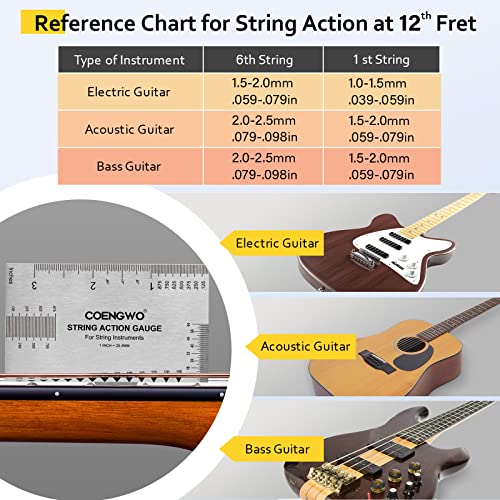 Image of Guitar String Action Gauge, COENGWO String Height Gauge Ruler Guitar Setup Measuring Tool Kit for Guitar, Bass, Mandolin, Banjo