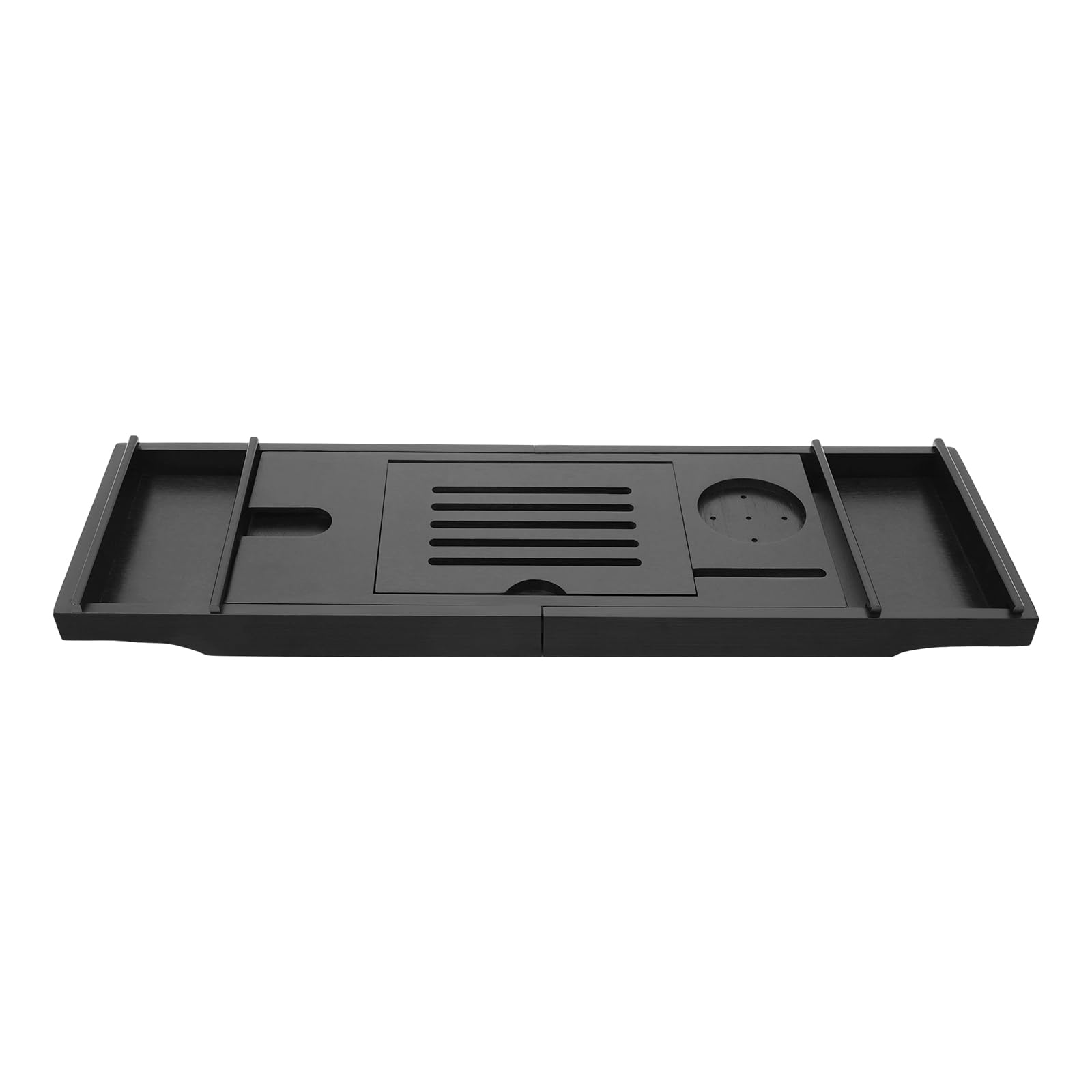 Bandeja para bañera de madera de bambú, color negro, 75-110 cm, extensible, ancho del producto 23 cm, con agujeros de filtro, para colocar objetos como tabletas, teléfonos móviles, tazas altas