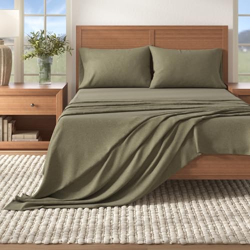 Image of Great Bay Home Flannel Sheet Set Twin Size - Heathered Cotton Blend, Double-Brushed, Winter Bed Sheets - Ultra-Soft, Cozy, 3-Piece Rustic Bedding Set (Heathered Olive)