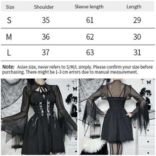 Image of Women Gothic Crop Top Shirt Y2K Black Bell Sleeve Shawl Cardigan