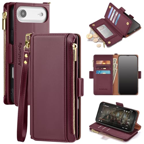Antsturdy Compatible with iPhone Air Wallet Case Women RFID Blocking PU Leather Phone Case Men Kickstand Flip Cover Wrist Strap Zipper Credit Card Holder Slots for Apple 17 Air 2025 Wine Red