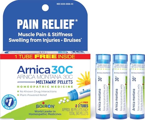 Image of Boiron Arnica Montana 30C Homeopathic Medicine for Relief from Muscle Pain, Muscle Stiffness, Swelling from Injury, and Discoloration from Bruises - 3 Count (240 Pellets)