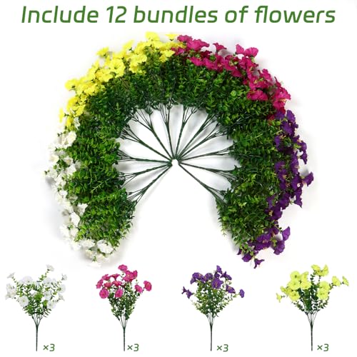 12 Bundles Artificial Flowers Outdoor UV Resistant Fake Flowers Realistic No Fade Faux Silk Morning Glory Plastic Eucalyptus Leaf Garden Porch Yard Vase DIY Indoor Decor (Mix Color image 1