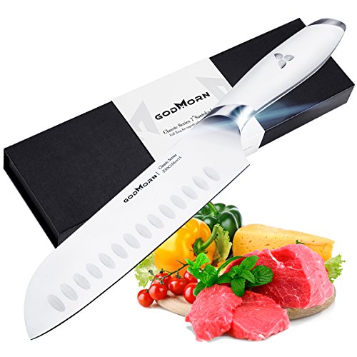 Godmorn Coltelli da Chef, Coltelli da Cucina, Coltello Santoku Coltello da 7 Pollici Coltello da Cucina Professionale in Acciaio Inossidabile, Manico Bianco Ergonomico in ABS
