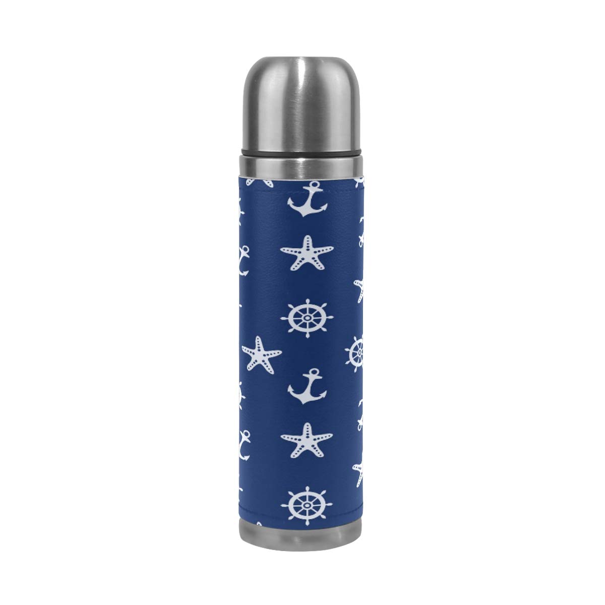 Taza de viaje aislada al vacío de acero inoxidable con doble pared a prueba de fugas, botellas de taza azul marino con impresión personalizada impresa en piel auténtica, termo de 500 ml