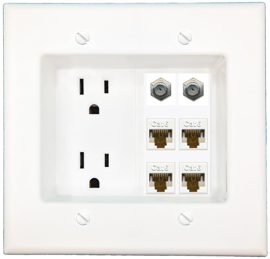 RiteAV Recessed Duplex Receptacle Outlet 4 CAT6 2 Coax Wall Plate White